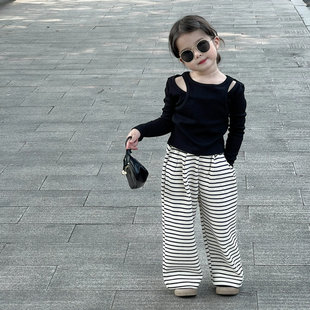 2023秋装韩版女童假两件套t恤中小童纯色针织，上衣长袖打底衫