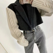 韩国东大门2023女士时尚小西服一粒扣拼接针织袖短款毛织外套
