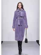 STAR GOAT2024冬新气质双排扣拼接紫色中长款显瘦羊毛皮草外套女