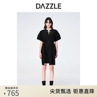 DAZZLE地素 奥莱黑色气质显瘦腰封设计高级感短袖连衣裙女
