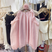 法式复古粉色洋气雪纺衬衫女高级设计感小众洋气露肩长袖气质上衣