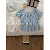 蓝色方领短袖雪纺衬衫女夏设计感小众衬衣超仙甜美娃娃衫法式上衣