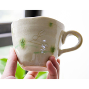 日本进口濑户烧手绘兔子陶瓷杯，套装带柄茶杯，牛奶杯咖啡杯小餐盘