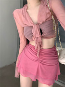 港味纯欲粉色t恤女夏季网纱喇叭袖，开衫长袖绑带显瘦辣妹短款上衣