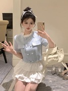 韩版小香风裙子套装时尚气质短款双排扣拼接花边上衣蛋糕蓬蓬裙女