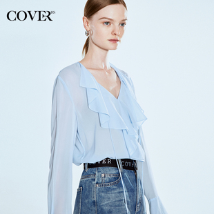 COVER2024春夏系列天蓝色浪漫荷叶边法式上衣女真丝衬衫