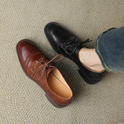 英伦风女鞋复古系带单鞋布洛克软牛皮中跟鞋202434-43大码鞋