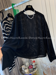 DHR 独特复古镂空蝙蝠袖条纹针织衫上衣罩衫女装宽松2024春季