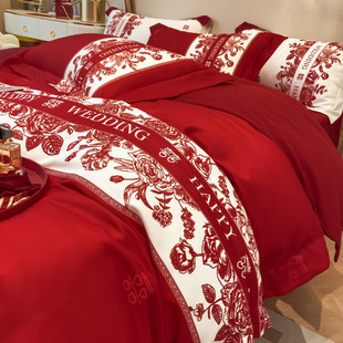 轻奢中式印花结婚四件套红色被套纯棉，喜被喜庆新婚庆(新婚庆)陪嫁床上用品