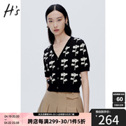 hs奥莱短款v领针织衫女faint联名2023春季款，黑色提花开衫商场同款