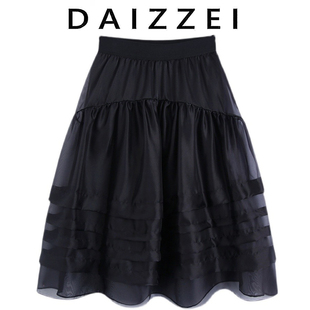 daizzei~2024夏黑色(夏黑色，)桑蚕丝蓬蓬半身裙，女松紧腰中长款a字短裙