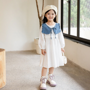 女童春秋夏季白色棉布连衣裙，2024儿童时尚，洋气韩版长袖公主裙