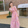 粉色格子连衣裙女夏季法式气质甜美高腰长款及脚踝桔梗裙
