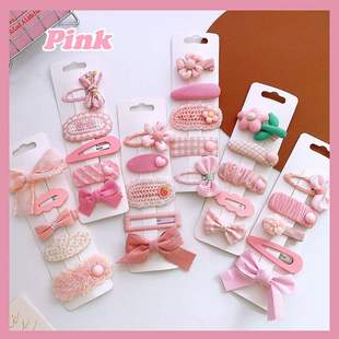 5个 粉色系布艺针织结花朵发夹套装粉嫩少女甜美混搭发饰头饰