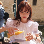 韩国chic夏季法式减龄娃娃领泡泡，袖衬衫+高腰显瘦大摆型半身裙女