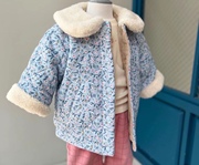 韩国童装 冬女童宝宝蓝色碎花羊羔毛领两面穿保暖棉服 棉衣