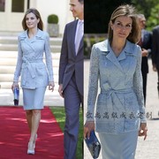 高级定制西班牙王妃同款浅蓝色蕾丝外套背心连衣裙女两件套装通勤