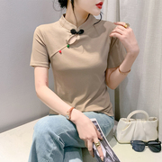 新中式国风立领t恤女短袖，夏装欧货复古盘扣上衣洋气修身半袖小衫