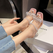 纯手工粉色水晶鞋仙女风外穿透明高跟鞋一字拖鞋粗跟女凉拖40-43