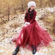 冬季国风红色羊毛呢大衣红色，修身裙摆式连帽风衣长款女潮