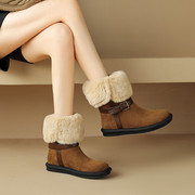 雪地靴低跟中筒靴圆头，加绒保暖平底女棉鞋，冬季舒适休闲两穿女靴子
