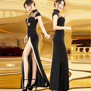 复古旗袍式连衣裙改良时尚长款气质，显瘦表演礼服，黑色优雅工作服女