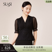 SUSSI/古色23夏季黑色通勤蕾丝雪纺短袖上衣衬衫女