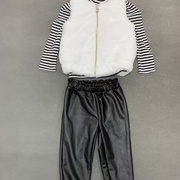 外单秋冬新款女童3-12时尚洋气加绒卫衣毛毛马甲皮裤裤子三件套装