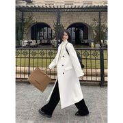 白色中长款毛呢外套，女秋冬季高级感韩版气质，百搭加厚呢子大衣