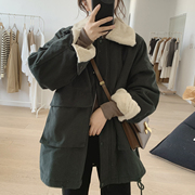 加厚毛领棉服外套女冬季宽松大码韩版显瘦大口袋工装加绒大衣