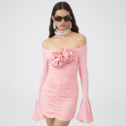 粉色高端喇叭袖立体花朵裙抽褶抹胸连衣裙一字肩设计感礼服