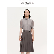 vgrass100桑蚕丝灰色格纹短袖衬衫，24年春季休闲设计感上衣女