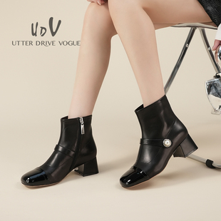 UDV2023秋冬真皮胎牛皮拼漆皮矮靴娃娃头中粗跟时装女鞋通勤风OL