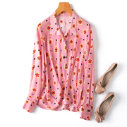 商场!“可爱女人”真丝，翻领套头款长袖，宽松开叉粉色花卉衬衫甜美