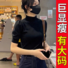 大码胖mm半高领t恤女2024气质，泡泡袖针织衫短袖打底薄款上衣