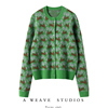 好看又好穿~绿色兔子，提花圆领羊绒针织，开衫外套女秋冬复古毛衣