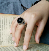 欧美复古925纯银经典大气如意纹，圆形黑玛瑙宝石食指中指戒指男女