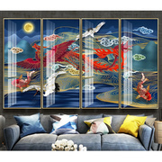 中式轻奢国潮客厅沙发5d电视，背景墙壁纸仙鹤，祥云阁楼墙布山水壁画