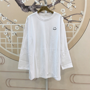 白色圆领T恤 24春季韩版宽松大码长款卡通刺绣长袖打底衫上衣