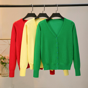 春秋季薄针织开衫纯色，百搭夏季外搭长袖，空调衫短款绿色v领外套棉