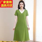 2025新款短袖连衣裙女夏季纯棉V领t恤长款大码宽松显瘦拼色休闲裙