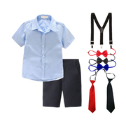 男童蓝色短袖衬衫套装西裤，黑裤红领结表演服中大儿童礼服演出衬衣