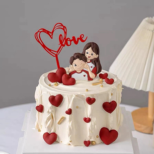 软胶小情侣蛋糕装饰摆件情人节甜蜜浪漫俏皮比耶男女朋友装扮插牌