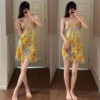 黄色睡裙~2024夏新富贵花卉性感气质蕾丝吊带裙+睡袍 带胸垫
