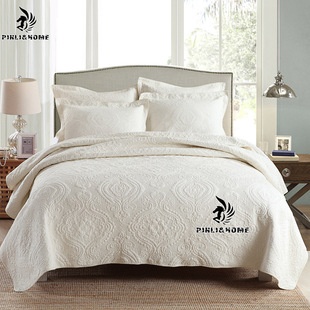 跨境床上用品水洗欧美纯色，绣花床盖式三件套纯棉，绗缝被美式白色