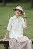 夏文艺复古21支亚麻中式立领盘扣七分袖短款上衣女衬衫白色