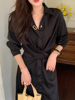 韩国chic法式优雅翻领，单排扣交叉绑带收腰长款灯笼，袖衬衫式连衣裙