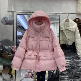 中长款羽绒服女2023年冬韩版收腰加厚连帽粉色白鸭绒学生外套