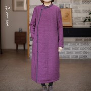 时辰布衣秋冬中国风紫色，斜肩长款夹棉加厚改良旗袍打底连衣裙