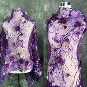紫色手工钉珠亮片绣花布料高端礼，服装立体雪纺，花朵背景蕾丝布面料